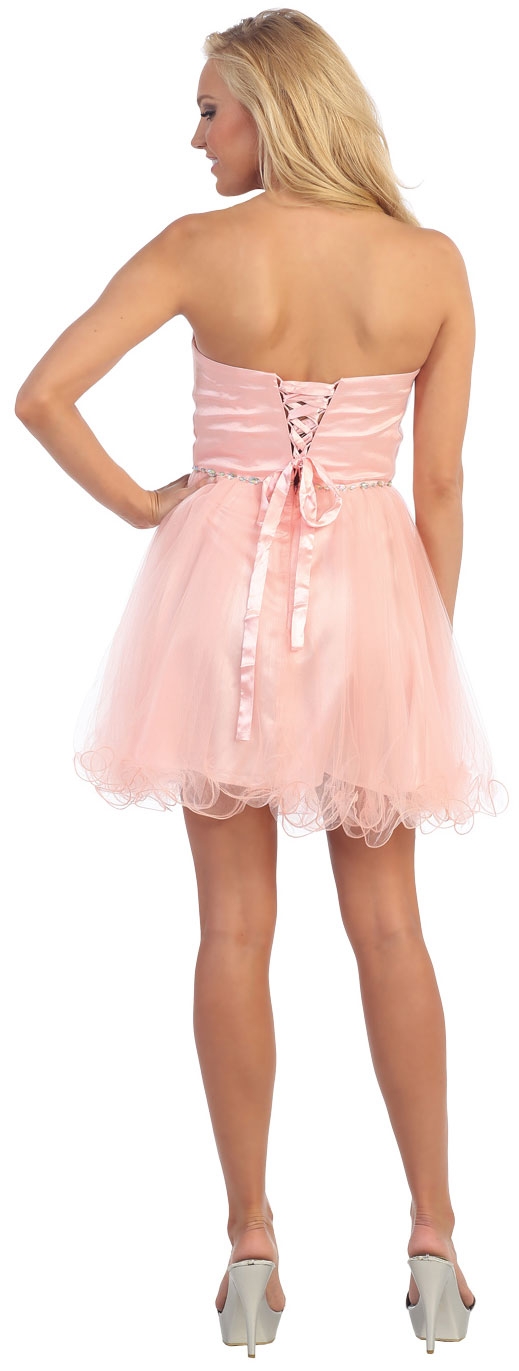 Strapless Bejeweled Waist Short Tulle Graduation Party Dress — back