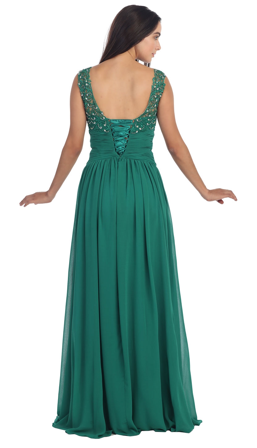 Round Neck Lace Beaded Bodice Long Formal Prom Dress — back