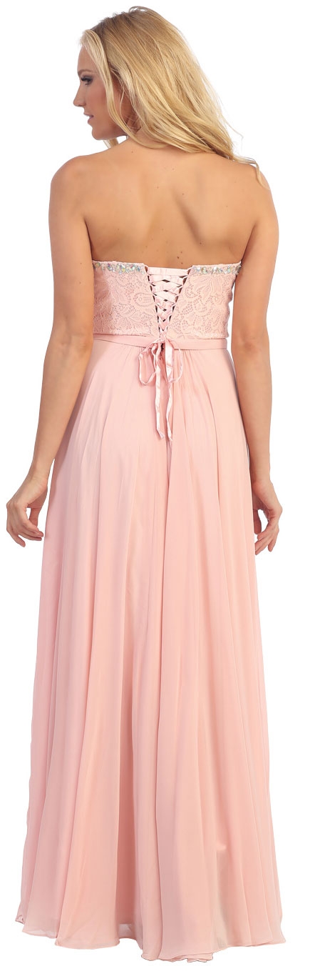 Strapless Long Formal Prom Dress with Lace & Rhinestones — back