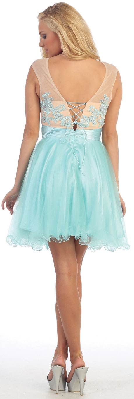 Floral Pattern Bodice Short Tulle Party Prom Dress — back