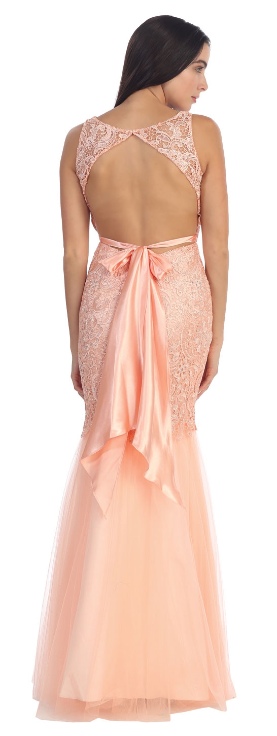 Lace Bodice Mermaid Mesh Skirt Long Formal Prom Dress — back