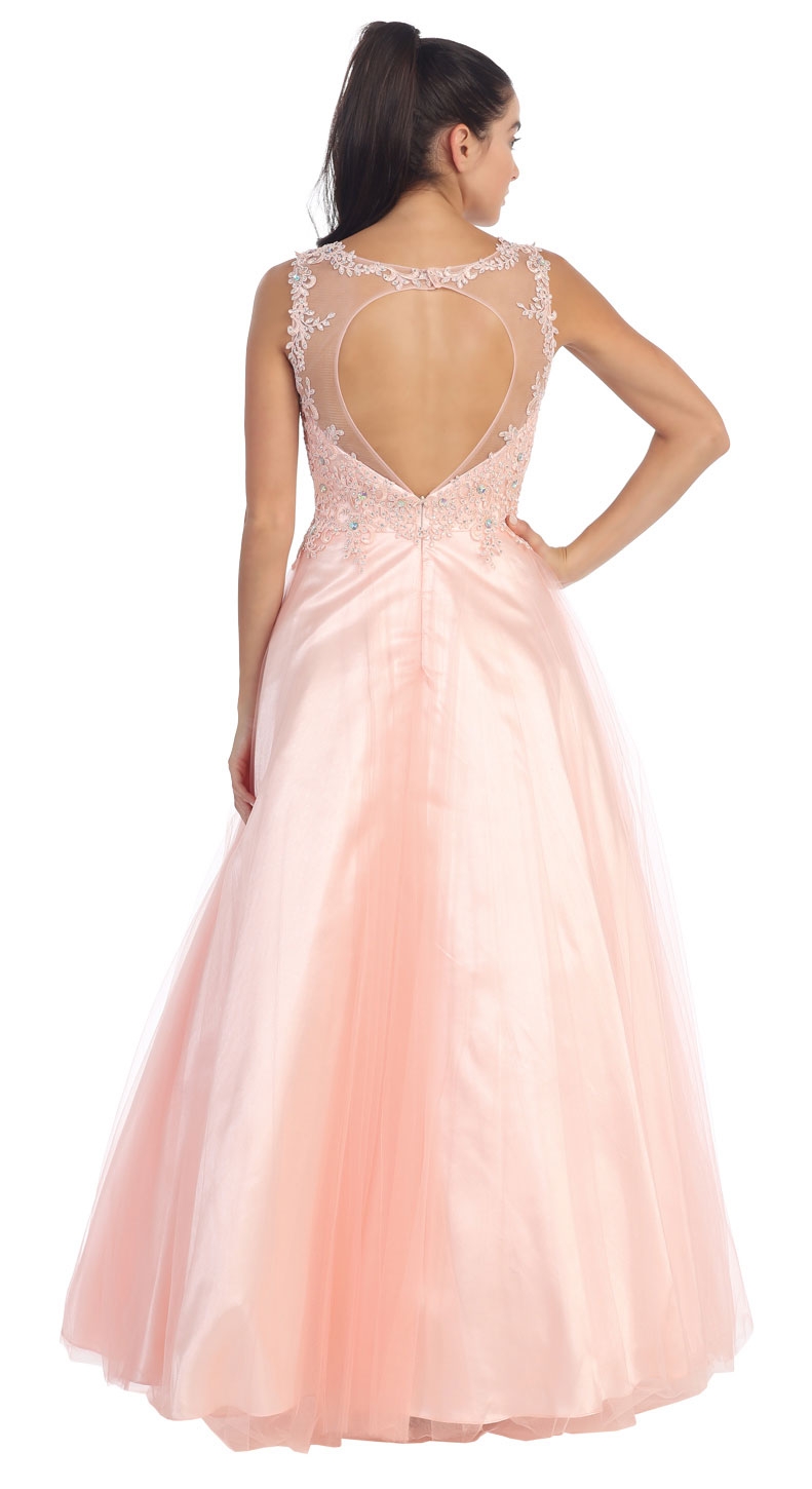 Beaded Floral Lace Bodice Long Tulle Formal Prom Dress — back