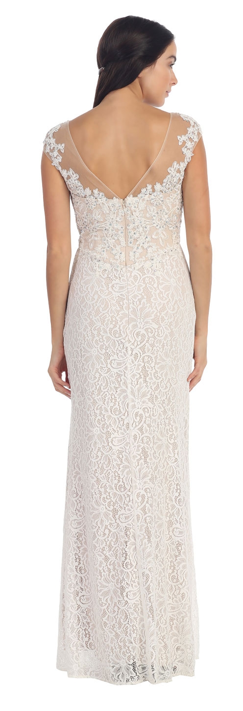 Round Neck Floral Lace Beaded Long Formal Prom Dress — back