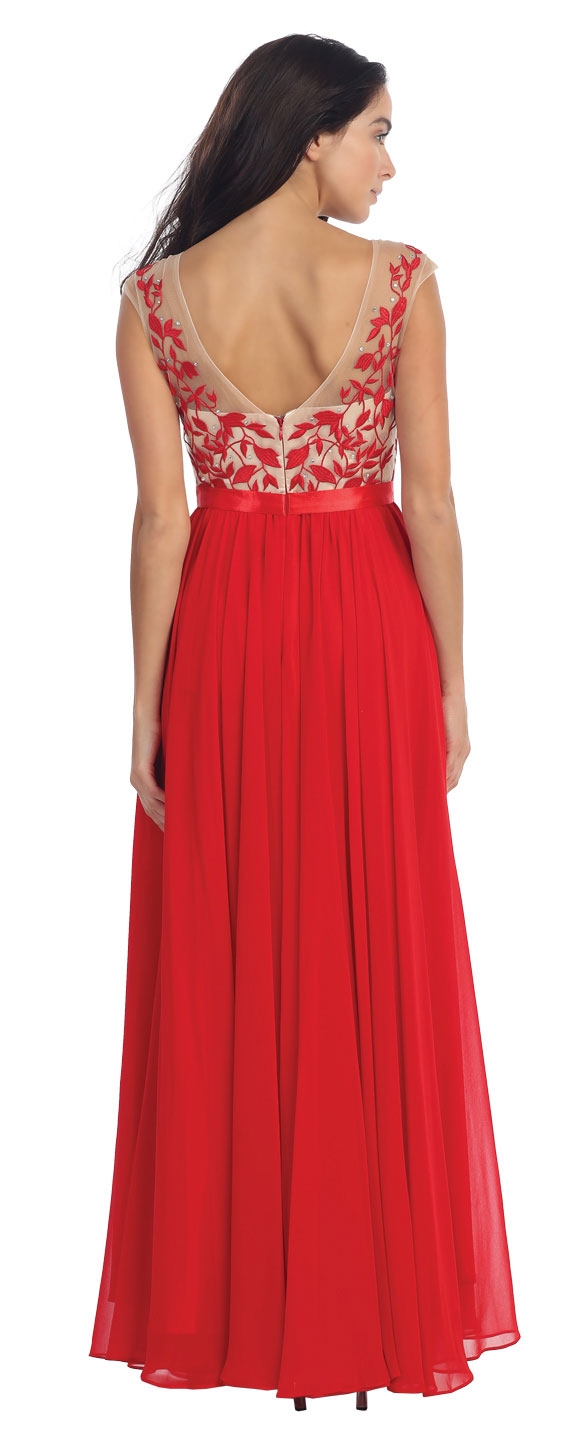 Floral Embroidered Mesh Bodice Long Formal Prom Dress — back