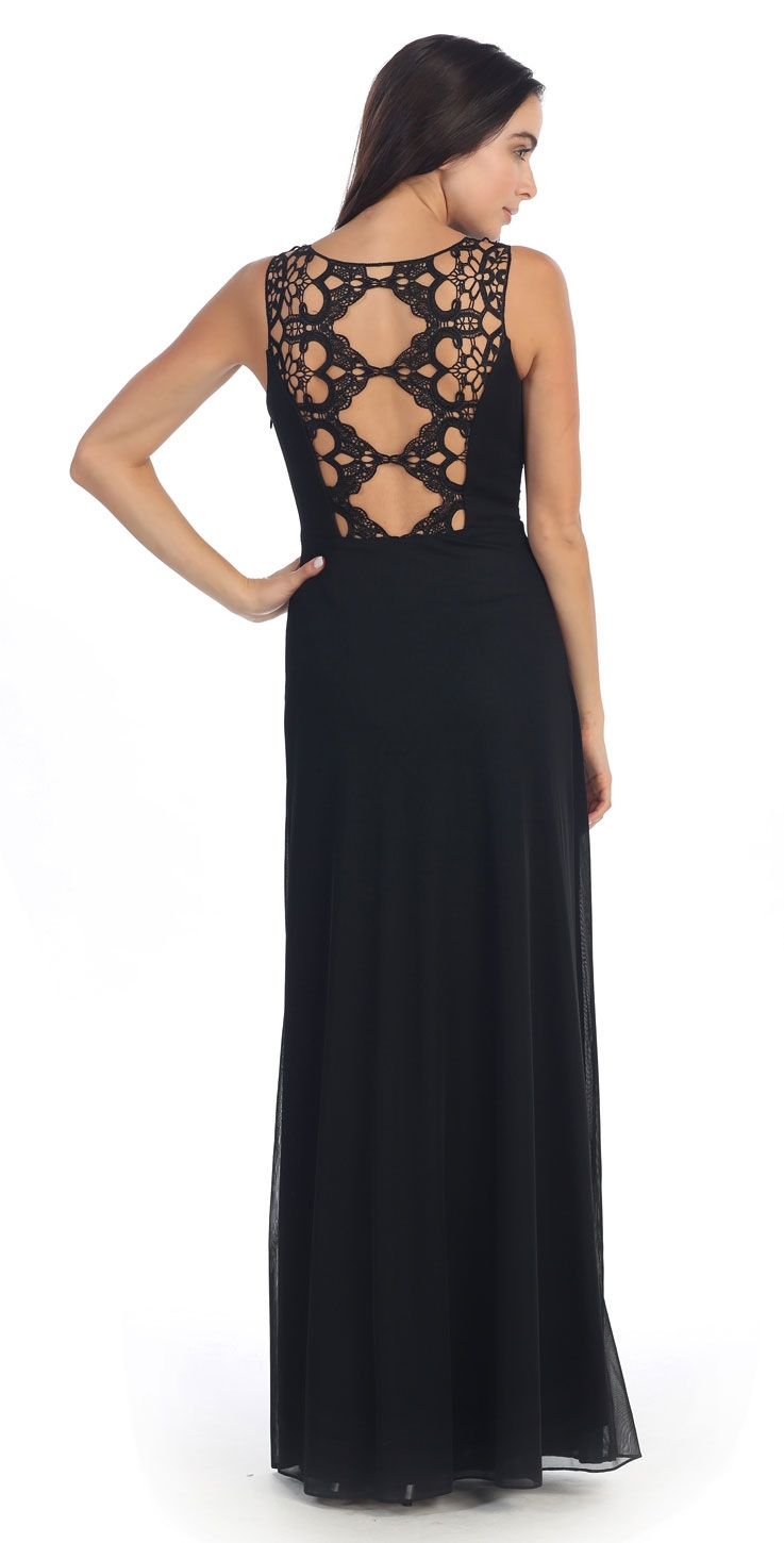 V-Neck Shirred Artistic Lace Back Long Formal Prom Dress — back in Black