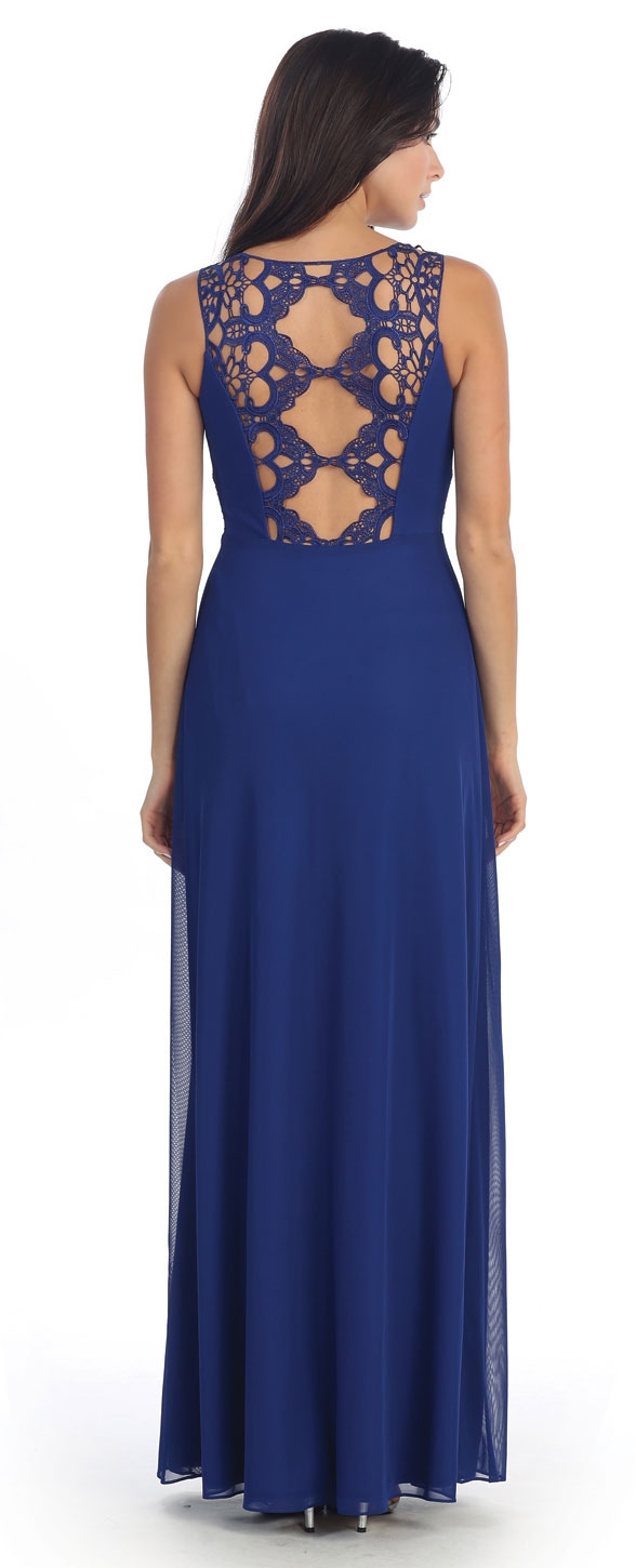 V-Neck Shirred Artistic Lace Back Long Formal Prom Dress — back