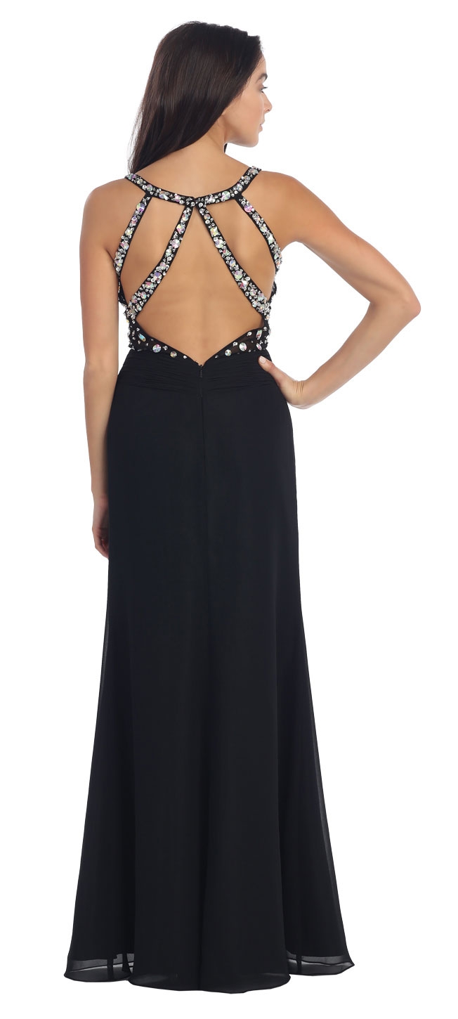 Bejeweled Strappy Back Long Formal Prom Dress — back