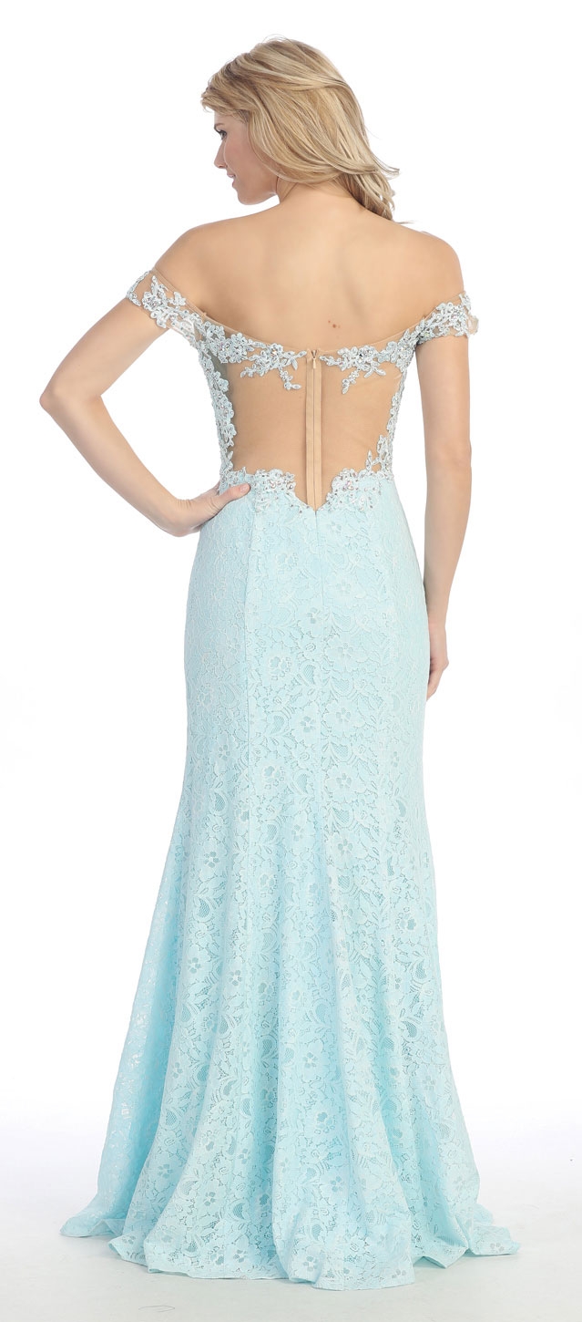 Off Shoulder Floral Lace Long Formal Prom Dress with Slit — back