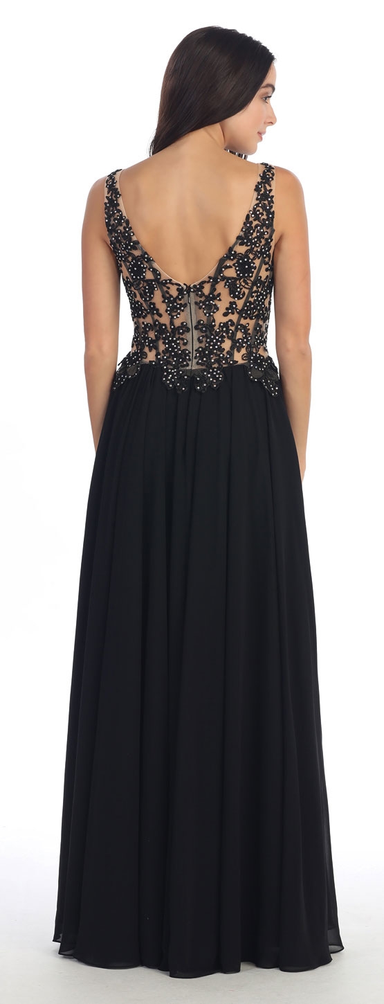 V-Neck Sheer Lace Beaded Bodice Long Formal Prom Dress — back