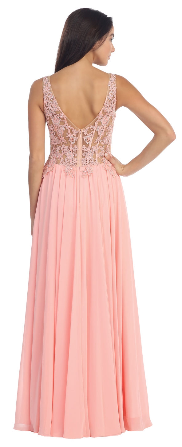 V-Neck Sheer Lace Beaded Bodice Long Formal Prom Dress — back in Blush