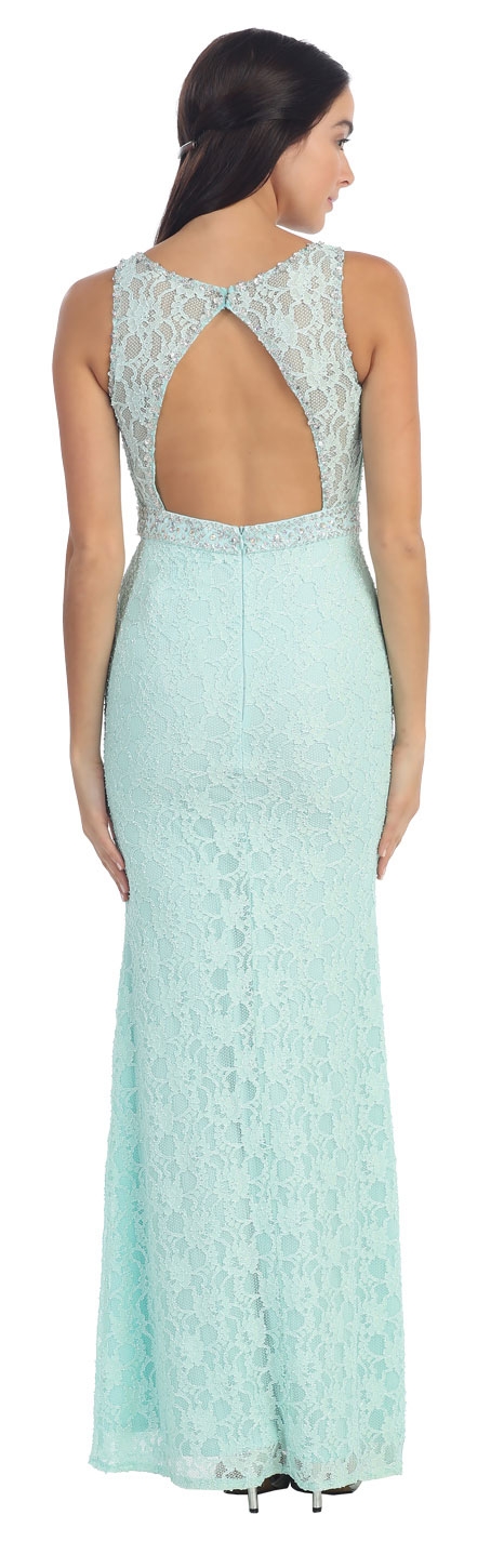 Floral Lace Beaded Long Formal Prom Dress with Cutout — back