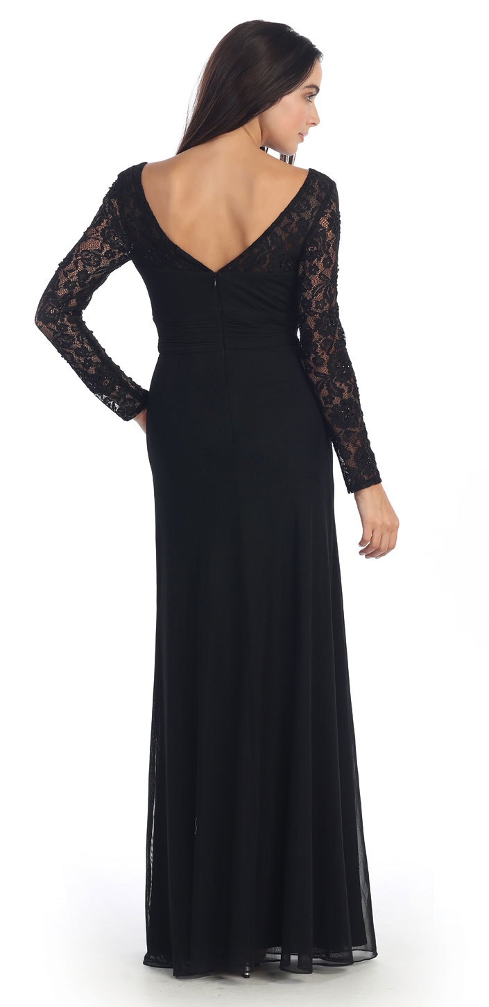 Long Sleeves Lace Bodice Long Formal MOB Dress — back