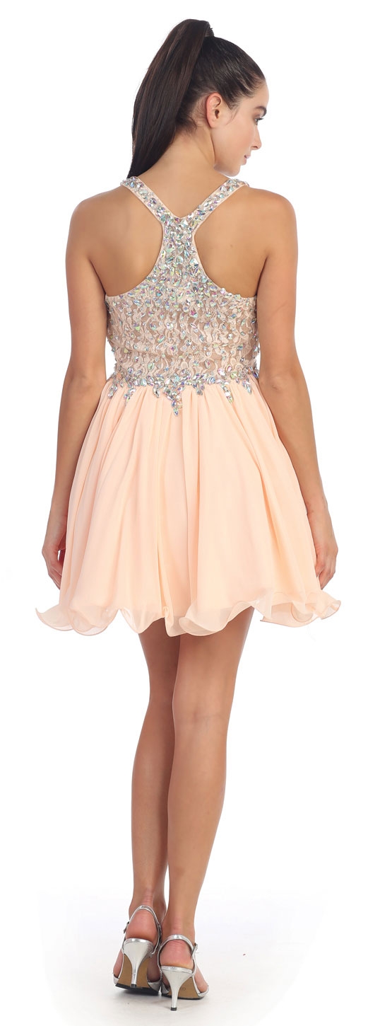 V-Neck Racer Back Rhinestones Bust Short Formal Prom Dress — back in Peach