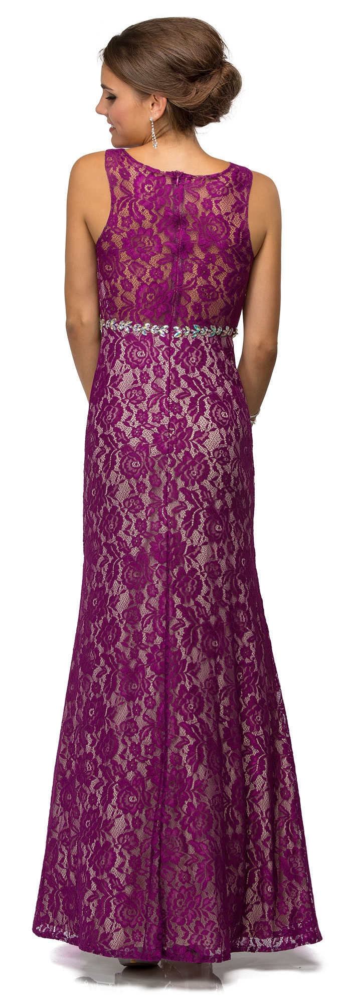 Sleeveless Jewel Waist Fitted Lace Long Formal Evening Dress — back