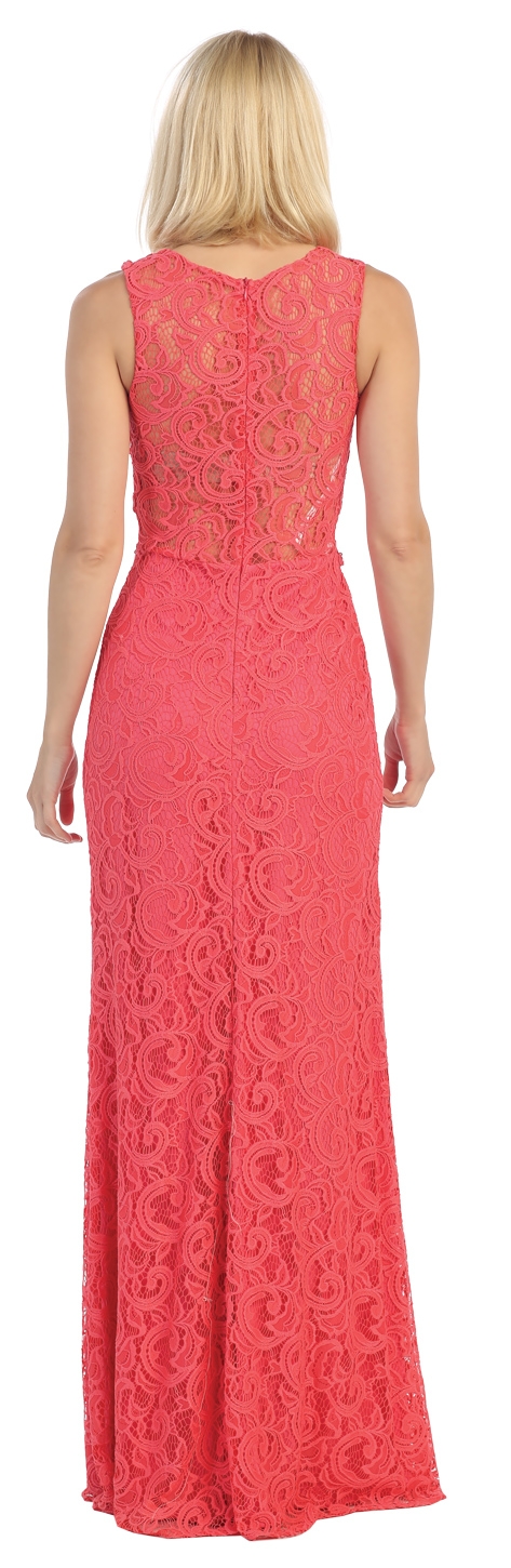 Sheer Lace Bejeweled Long Formal Evening Prom Dress — back