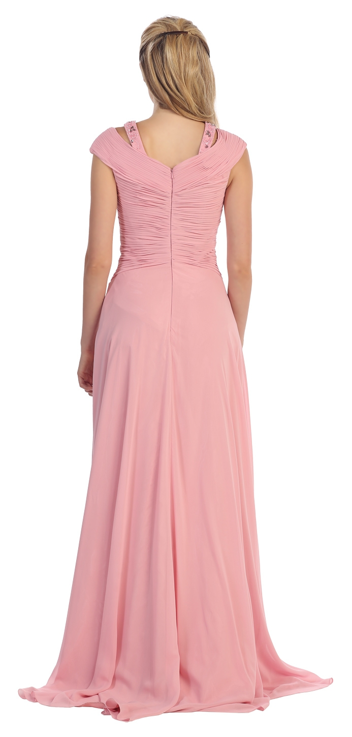 V-Neck Beaded Ruched Bodice Long Formal MOB Dress — back