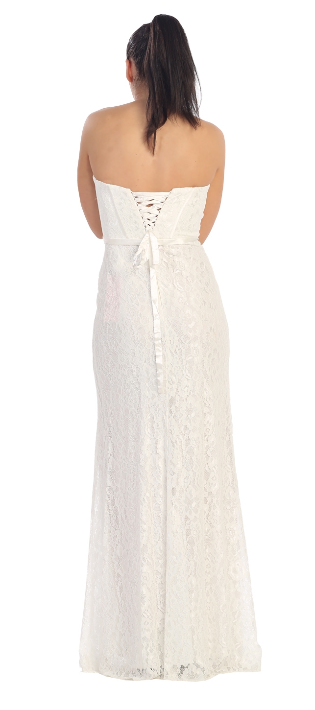 Strapless Sweetheart Neck Long Lace Formal Bridesmaid Dress — back in Off White