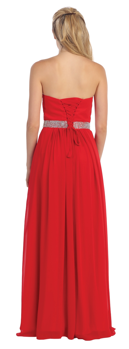 Strapless Pleated Jewel Waist Long Formal Bridesmaid Dress — back