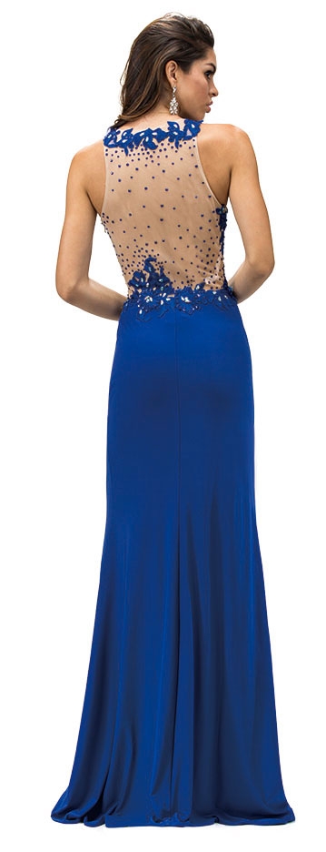Embroidered Lace Sheer Bodice Floor Length Prom Dress — back