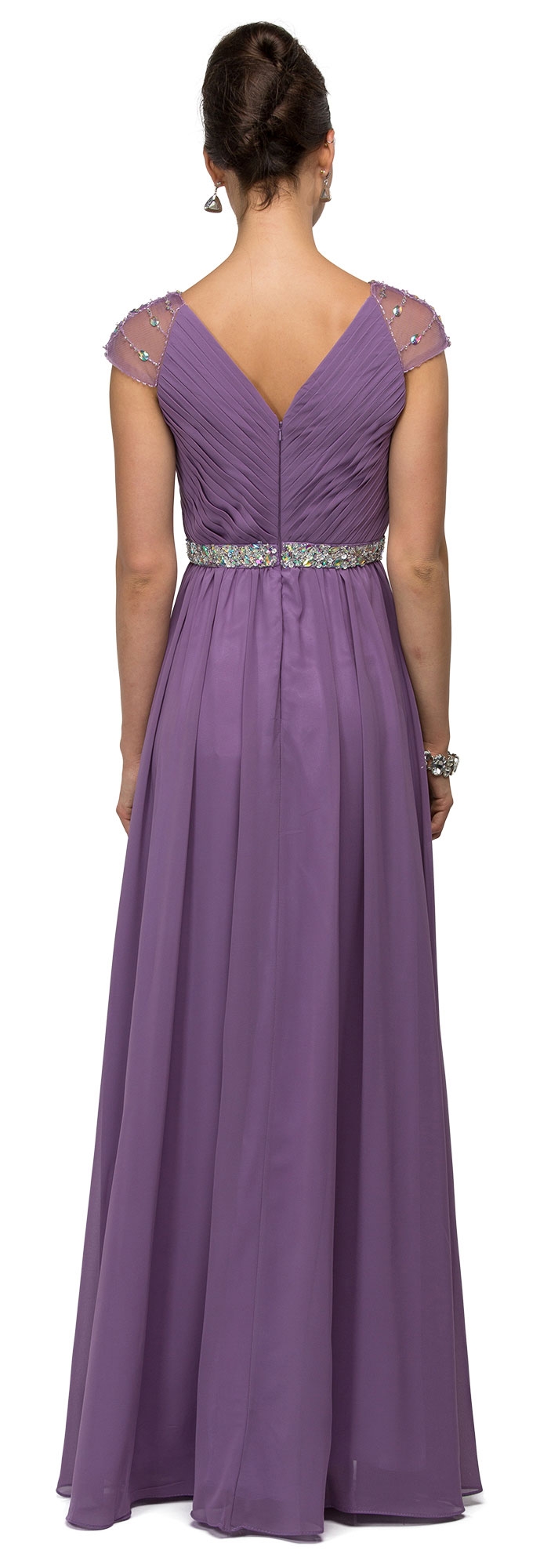 V-Neck Pleated Jewels Waist Long Formal Bridesmaid Dress — back