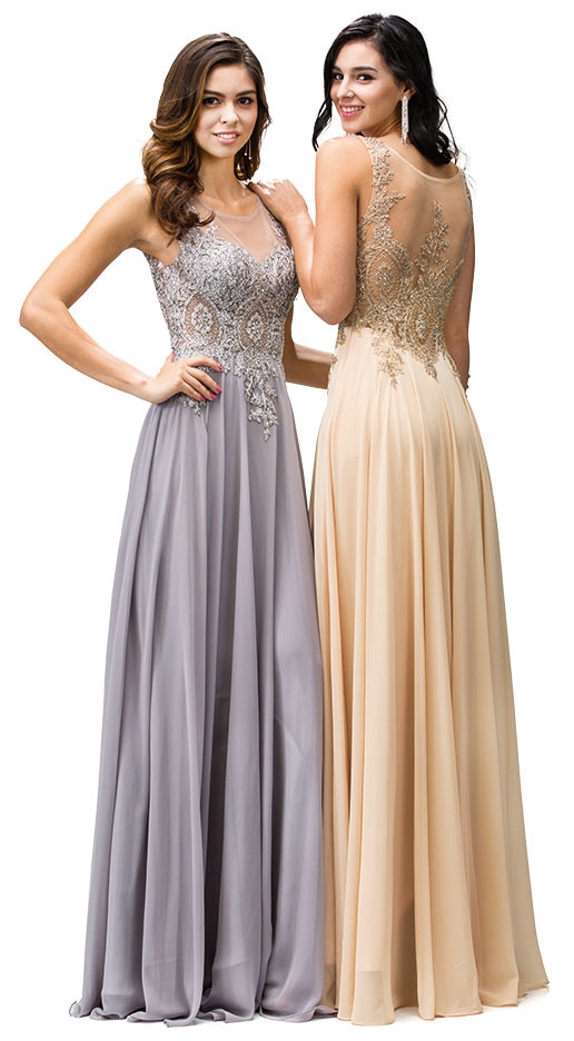 Jewel Embellished Sheer Mesh Top Chiffon Prom Dress — back