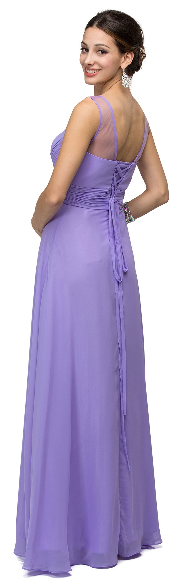 Mesh Neck Ruched Bust Long formal Bridesmaid Dress — back