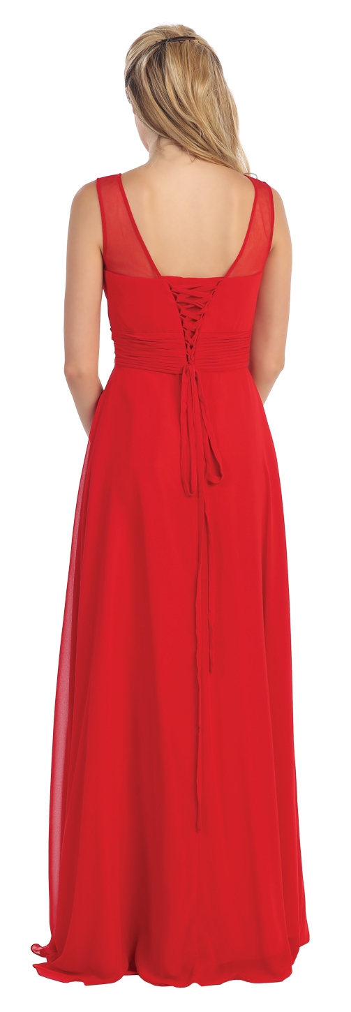 Mesh Neck Ruched Bust Long formal Bridesmaid Dress — back in Red