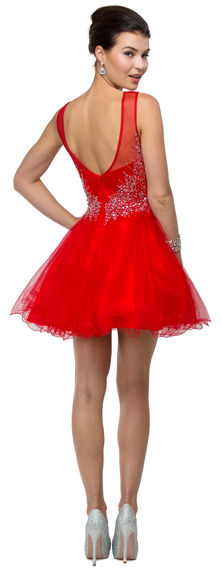 Boat Neck Sheer Sequins Mesh Top Short Baby Doll Dress — back