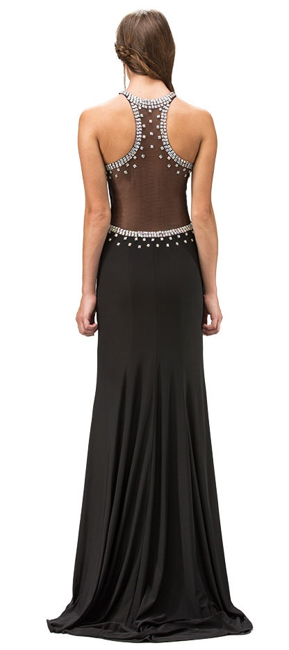 Bejeweled Sheer Mesh Top Floor Length Formal Prom Dress — back