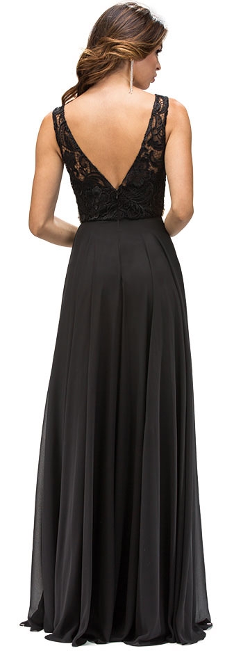 Lace Top Embellished Waist Long Formal Evening Dress — back in Black