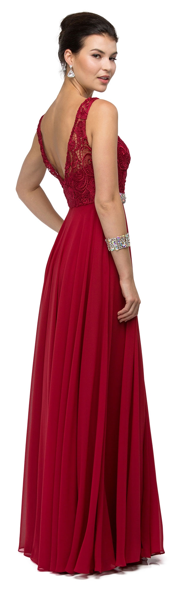 Lace Top Embellished Waist Long Formal Evening Dress — back