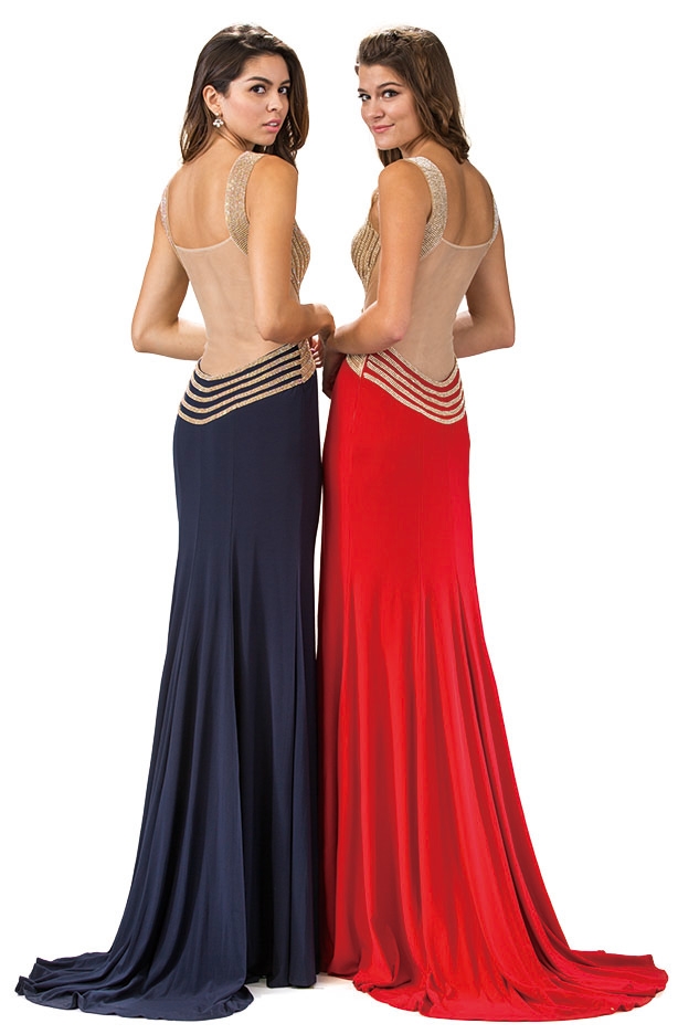 V-Neck Embellished Bodice Sheer Back Long Prom Dress — back