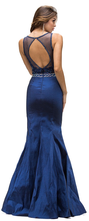 Lace Accent Sheer Mesh Top Flared Long Prom Dress — back