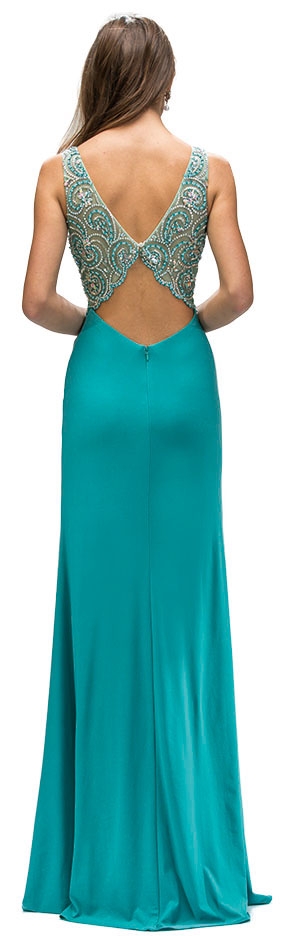 Boat Neck Jewel Mesh Top Long Formal Prom Dress — back