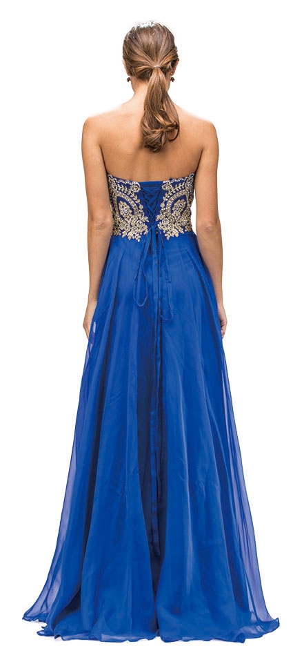 Strapless Lace Embroidered Bodice Long Formal Prom Dress — back