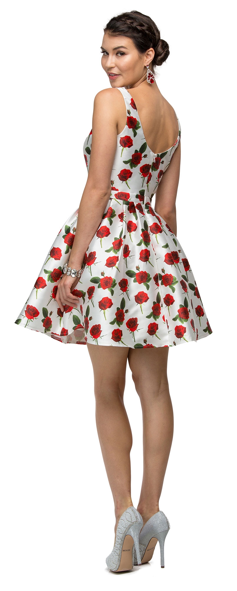 V-Neck Rose Print Jewel Waist Short Homecoming Dress — back