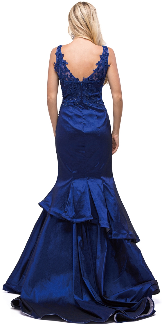 V-neck Lace Bodice Layered Skirt Formal Long Prom Dress — back