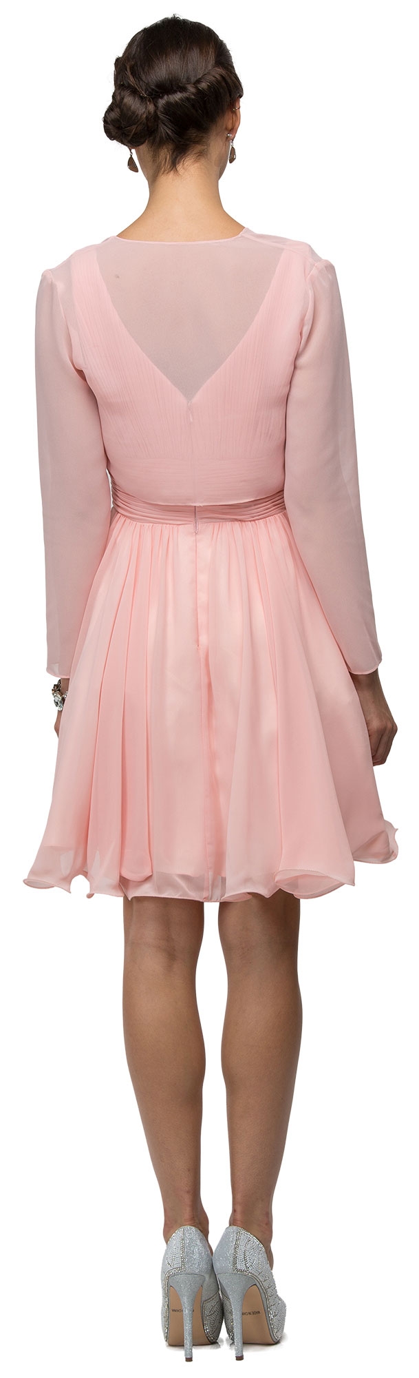 V-Neck Ruched Bodice Short Homecoming Bridesmaid Dress — back in Blush