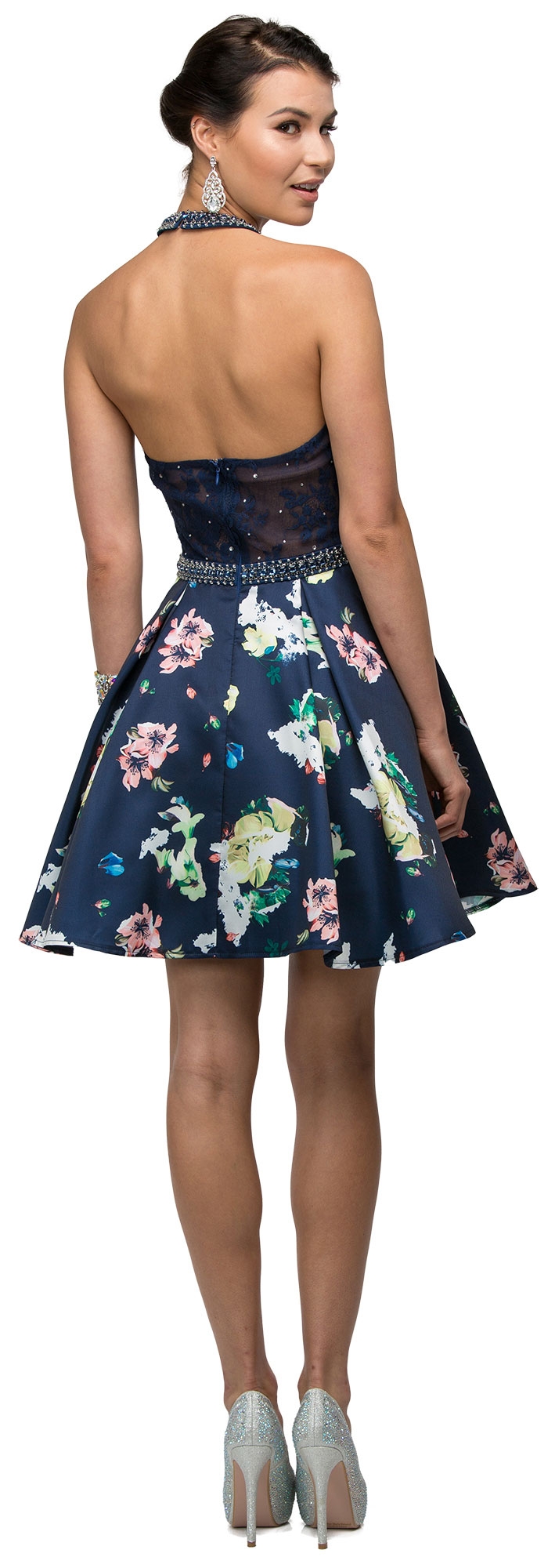 Lace Halter Top Floral Print Skirt Short Homecoming Dress — back