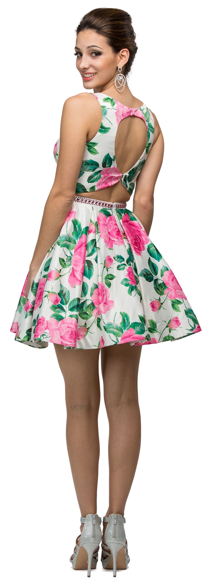 Floral Print Cut-Out Back Sleeveless Short Homecoming Dress — back