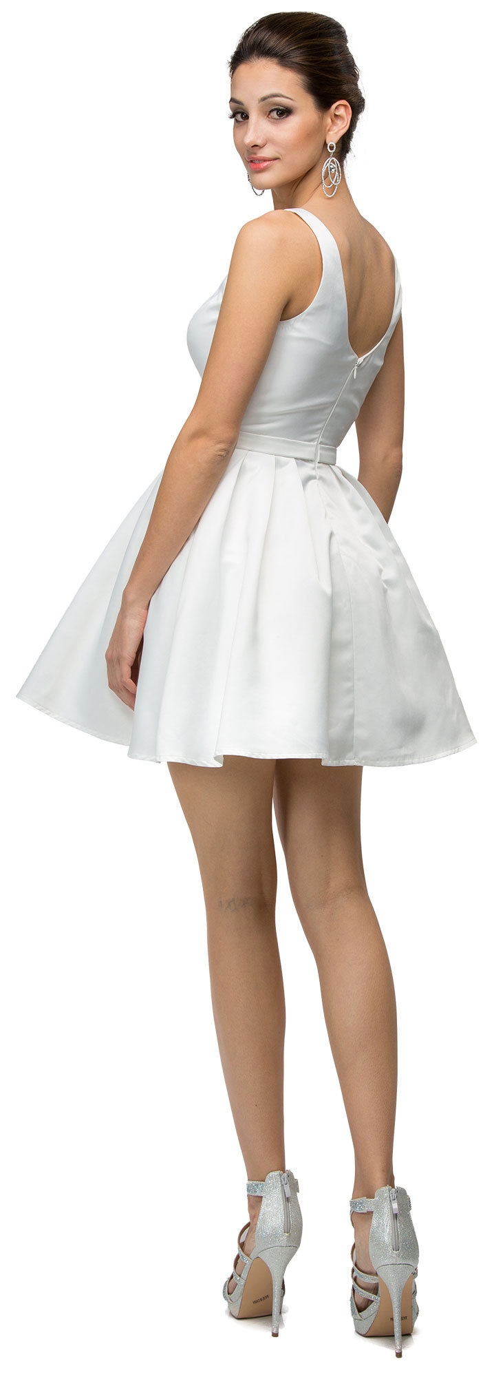 V-Neck Fit & Flare Short Homecoming Party Dress — back in Off White