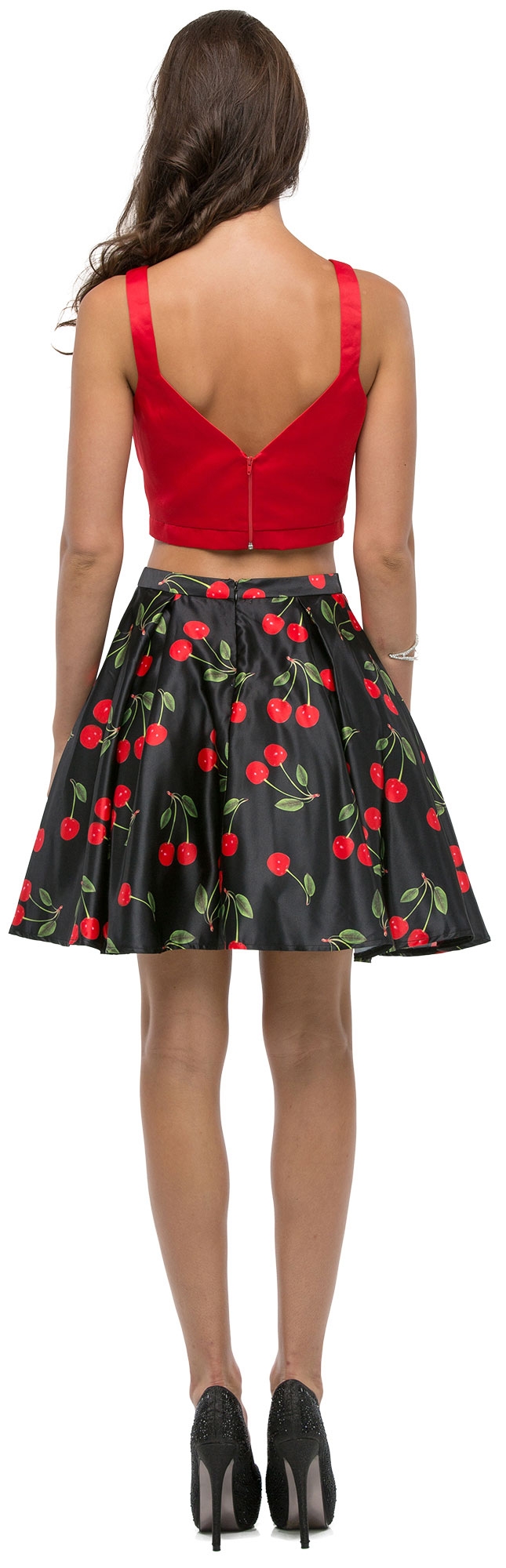 Cherry Print Short Two Piece Party Homecoming Dress — back in Black/Cherry