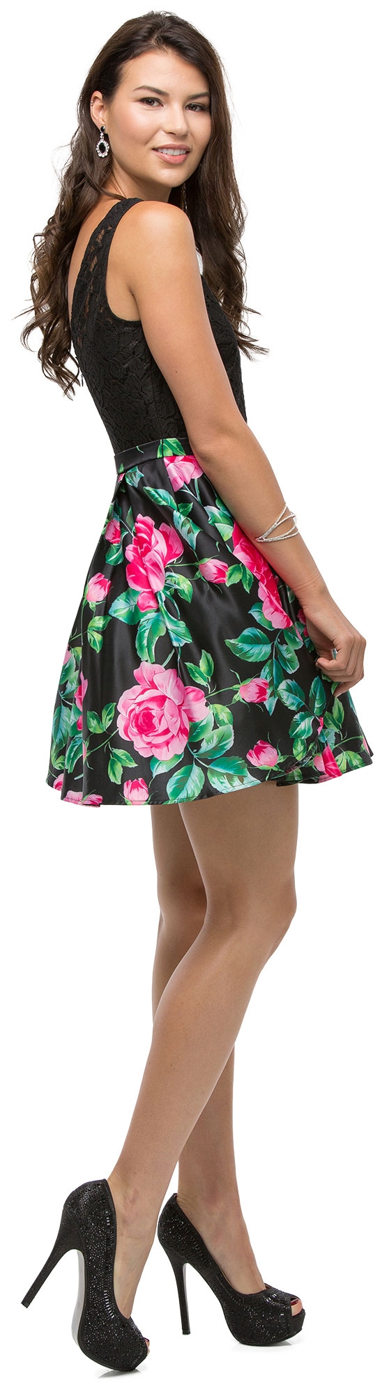 Lace Top Floral Skirt Short Homecoming Party Dress — back in Black/Multi