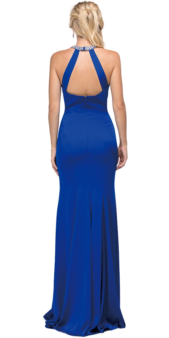Jeweled Collar Cut Out Back Long Jersey Prom Dress — back in Royal Blue