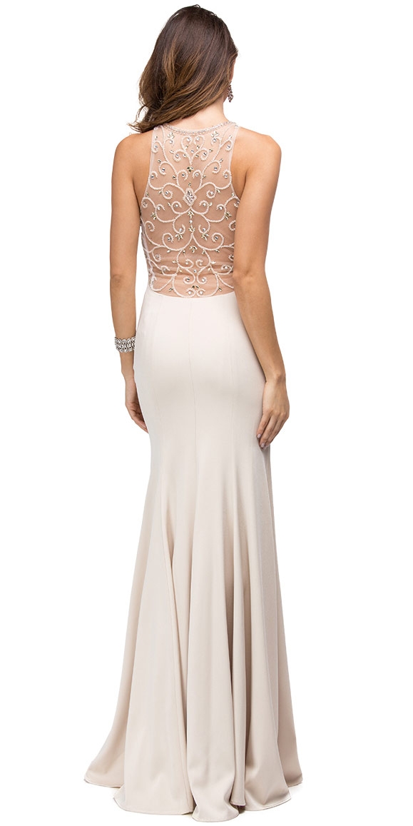 Rhinestones Mesh Neck & Back Long Formal Prom Dress — back in Champaign