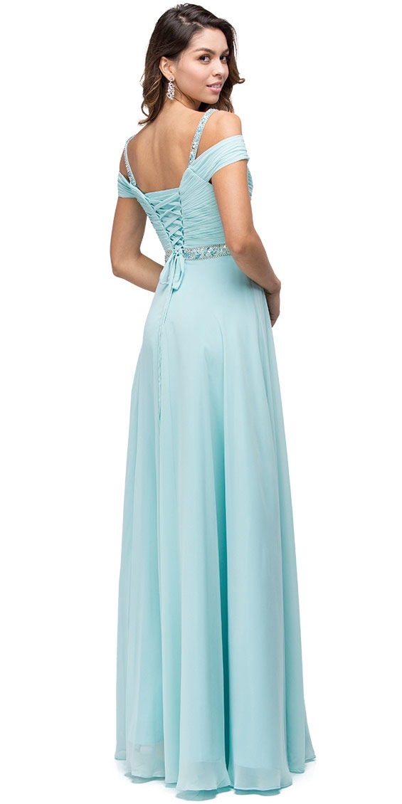 Cold Shoulder Beaded Waist Long Bridesmaid Prom Dress — back in Aqua