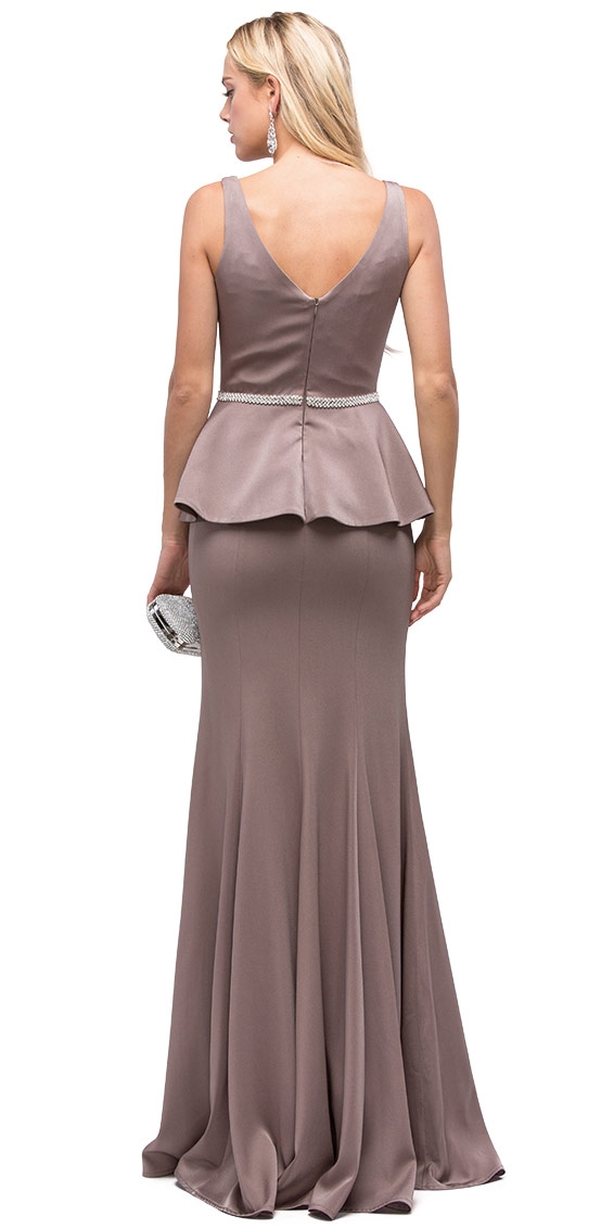 Deep V-Neck Peplum Bodice Long Formal Prom Dress — back