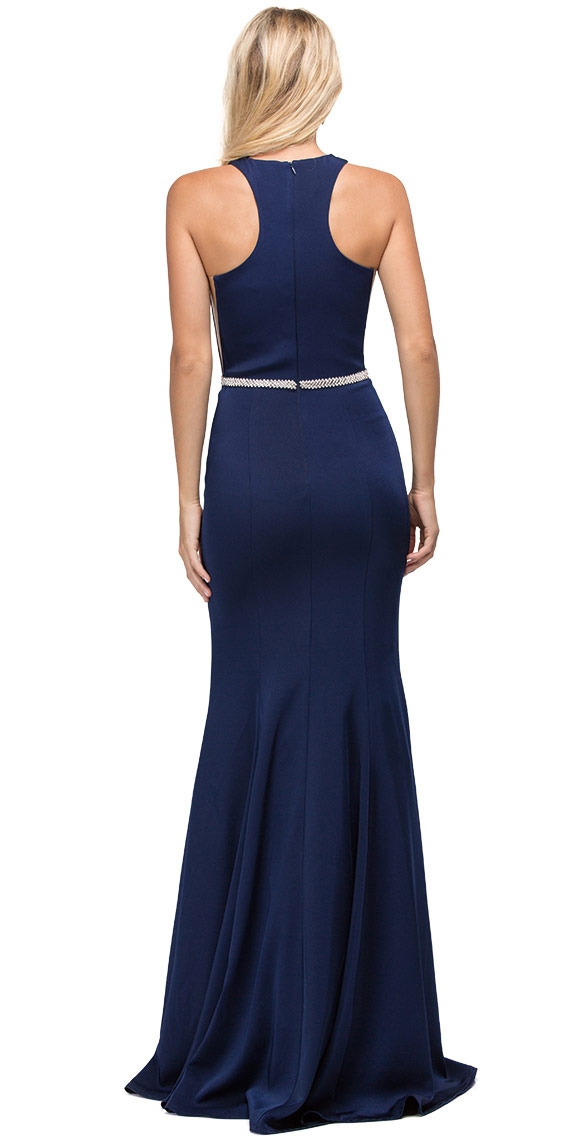 Scoop Neck Bejeweled Waist Racerback Long Prom Dress — back