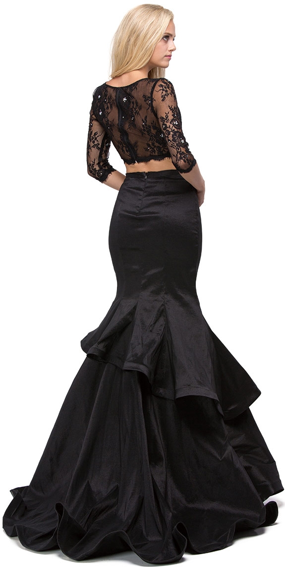 Floral Mesh Crop Top Mermaid Skirt Two Piece Prom Dress — back