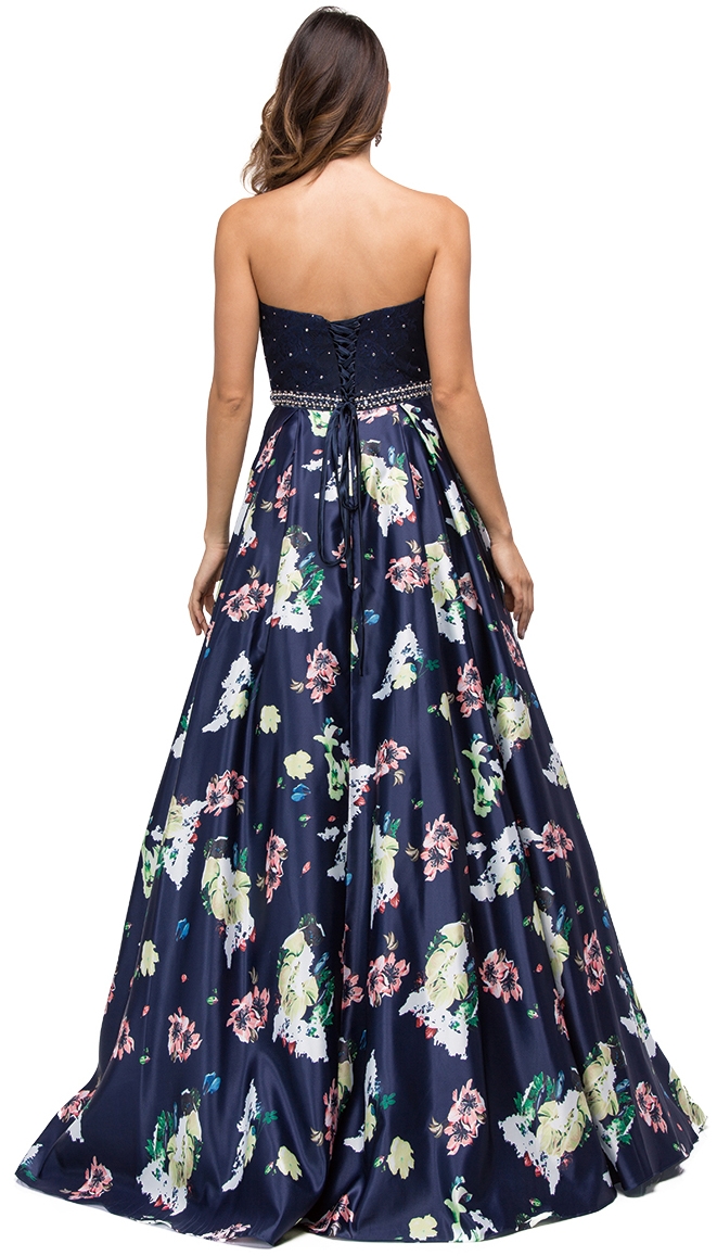 Bejeweled Waist Lace Top Floral Skirt Long Prom Dress — back
